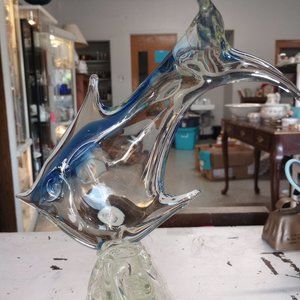 Hand blown art glass large angel fish with blue